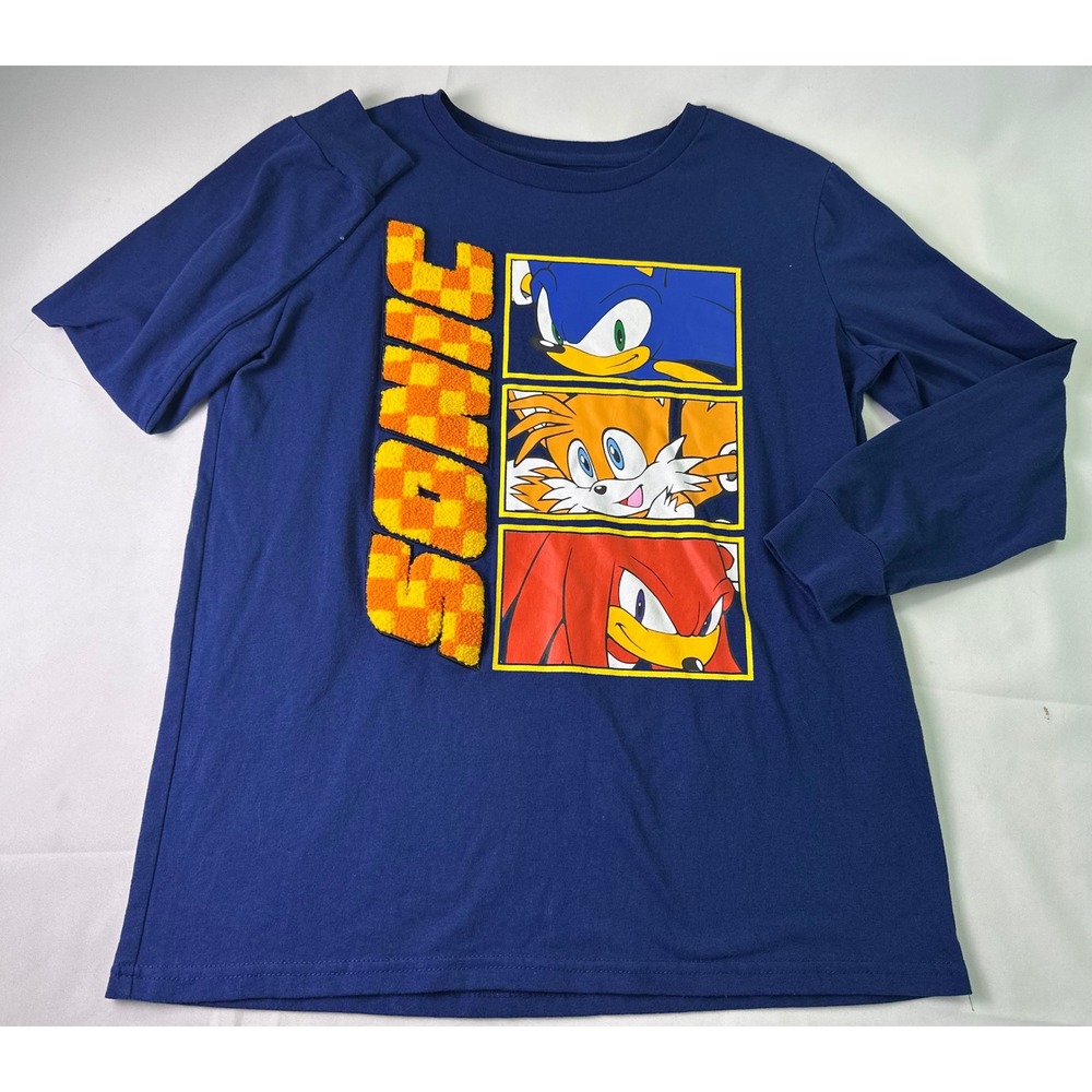 Kids Sonic the Hedgehog Long Sleeve Blue Graphic T-Shirt XL 18/20 Raised Letters